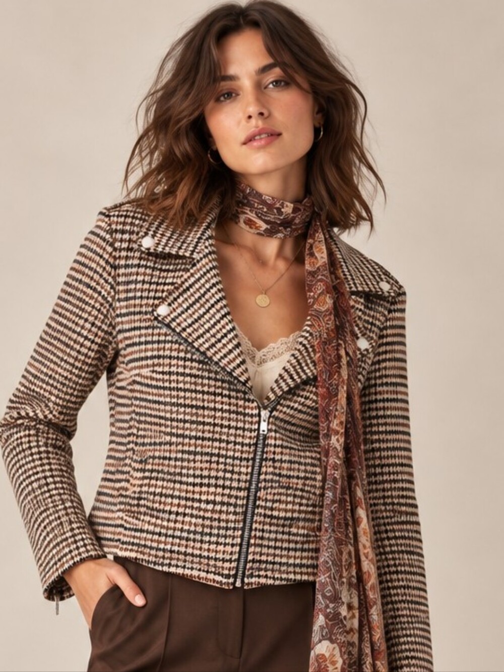OOKIE LALA HOUNDSTOOTH KNIT MOTO JACKET BLAZER SIZE SMALL BROWN TAN LIKE NEW